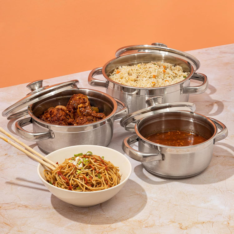 Vinod Bremen Stainless Steel Saucepot Set of 3 with Glass Lids | 2.5 mm Heavy Bottom | for Soups, Curries, Rice & Pasta | Riveted Handles | Induction & Gas Compatible | 2 Yr Warranty – Silver