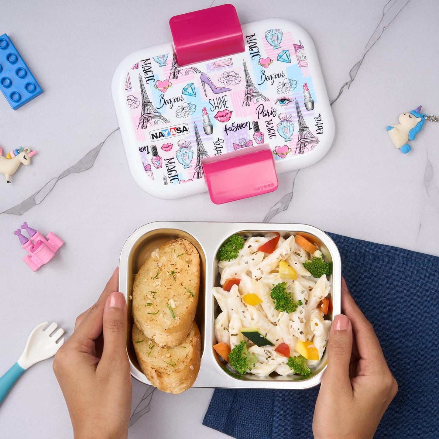 Nayasa Marco 2 Compartment Stainless Steel Insulated Lunch Box for Kids Girls | Paris Print | Vacuum Sealed Leak Proof Tiffin Box | 650 ml | White