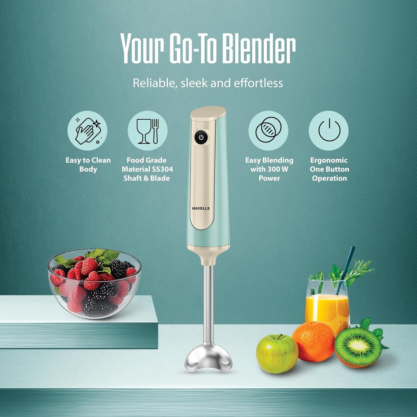 Havells CRAFT Hand Blender|50% Quieter Operation|Easy Blending with 300W|Food Grade Material - SS304 Shaft and Blade|Ergonomic One Button Operation|2Yrs Manufacturer Warranty(Blue & Gold)