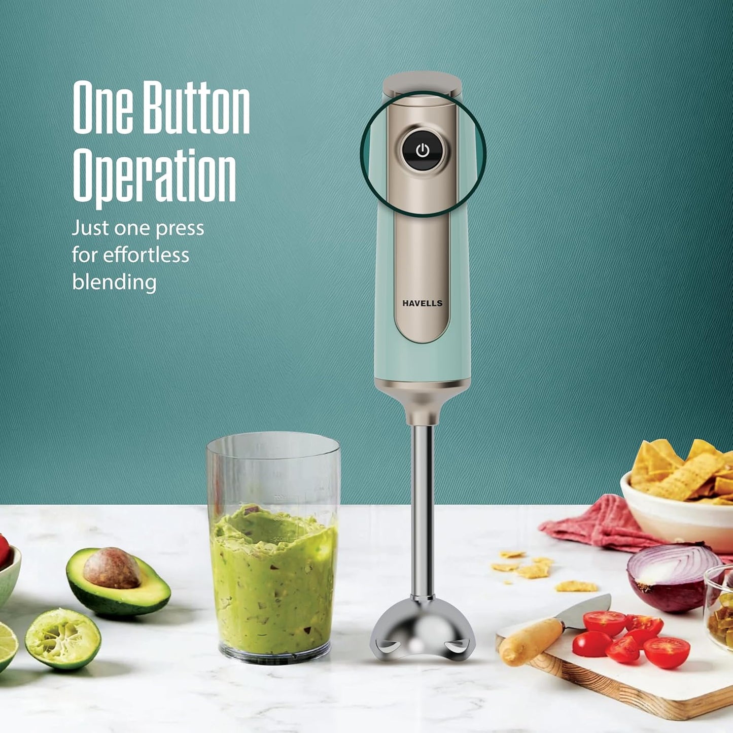 Havells CRAFT Hand Blender|50% Quieter Operation|Easy Blending with 300W|Food Grade Material - SS304 Shaft and Blade|Ergonomic One Button Operation|2Yrs Manufacturer Warranty(Blue & Gold)