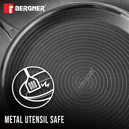 BERGNER Hi-Tech Giro Triply Stainless Steel 28cm Dosa Tawa, Honeycomb Mesh Non-Stick Coating, PFOA Free, Even Heat Distribution, Sturdy and Durable Stay Cool Handle - Induction and Gas Stove Ready