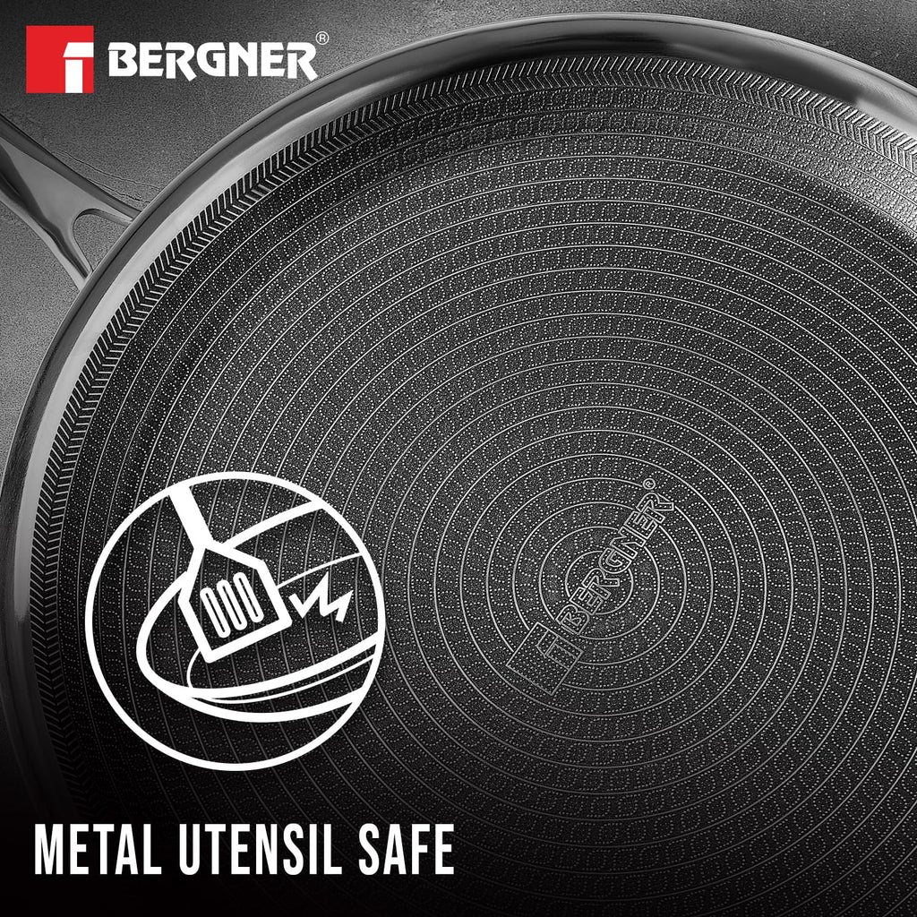 BERGNER Hi-Tech Giro Triply Stainless Steel 28cm Dosa Tawa, Honeycomb Mesh Non-Stick Coating, PFOA Free, Even Heat Distribution, Sturdy and Durable Stay Cool Handle - Induction and Gas Stove Ready