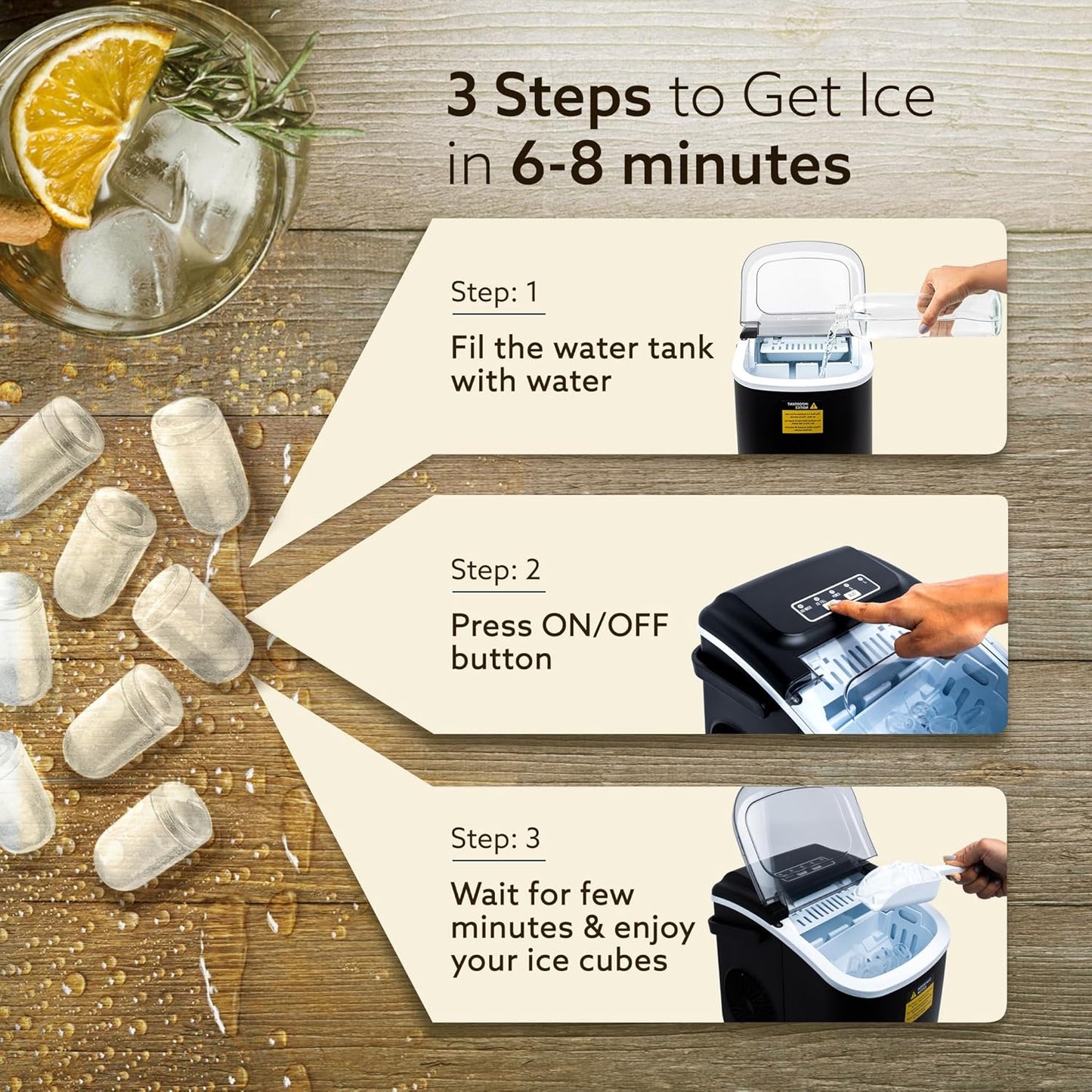 AGARO Marvel Ice Maker 1.2L Countertop Portable Machine, 9 Cubes in 6 Mins, 2 Bullet Ice Sizes, Fast Ice Making for Home Kitchen, Office, Parties, Self-Cleaning with Handle (Black)