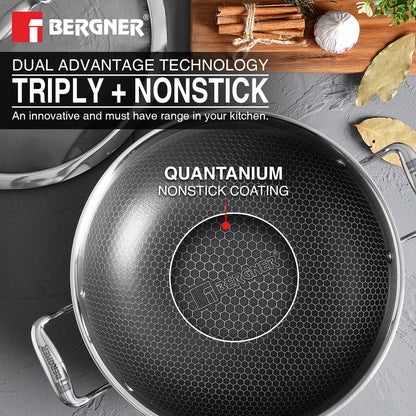 BERGNER Hi-Tech TriPly Stainless Steel 22cm (2.25 L) Kadai with Glass Lid, Honeycomb Non-Stick Coating, Non-Toxic, Healthy, Less Oil Use, Durable Handles with Excellent Grip - Induction and Gas Ready