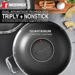 BERGNER Hi-Tech TriPly Stainless Steel 22cm (2.25 L) Kadai with Glass Lid, Honeycomb Non-Stick Coating, Non-Toxic, Healthy, Less Oil Use, Durable Handles with Excellent Grip - Induction and Gas Ready