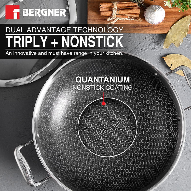 BERGNER Hi-Tech TriPly Stainless Steel 22cm (2.25 L) Kadai with Glass Lid, Honeycomb Non-Stick Coating, Non-Toxic, Healthy, Less Oil Use, Durable Handles with Excellent Grip - Induction and Gas Ready
