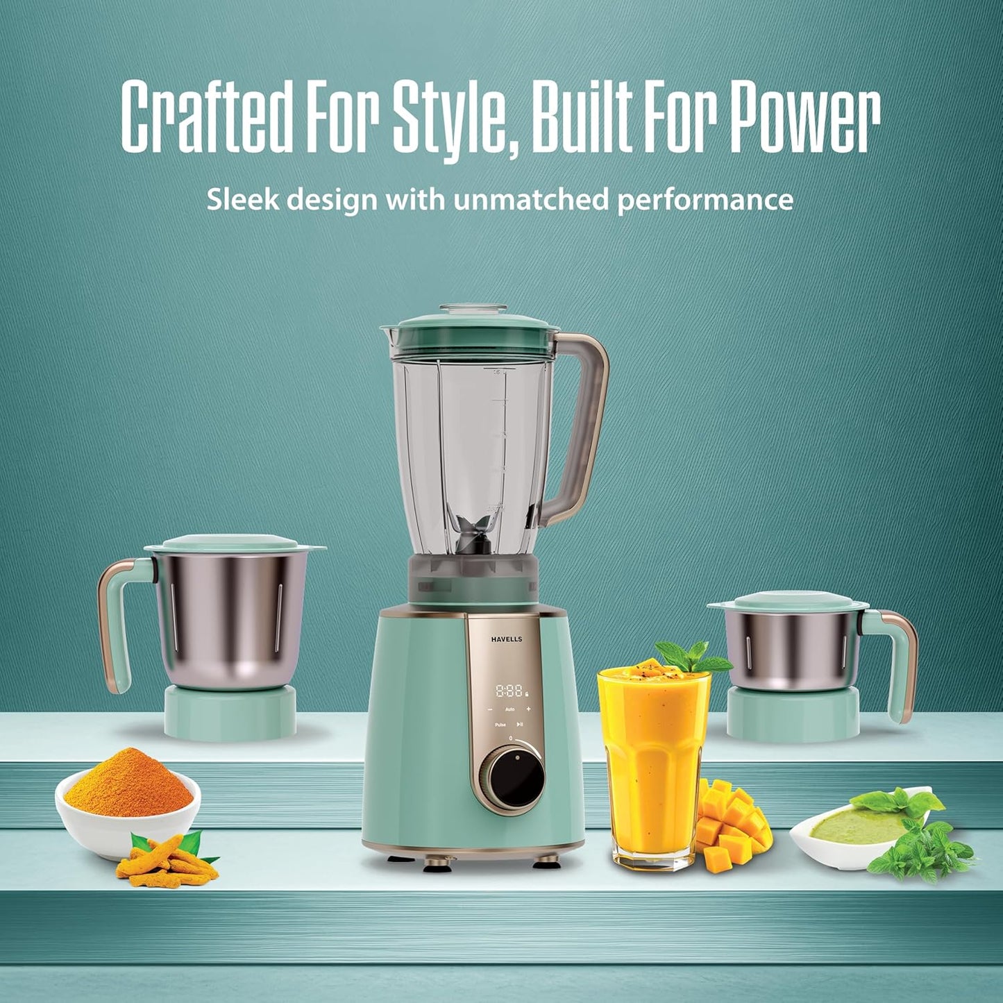 Havells CRAFT Mixer Grinder | Perfect Grinding Mode | Unique Touch Control | Lifetime Warranty on Motor | Powerful 800 W BLDC Motor | 50% Quieter Performance(Blue & Gold)