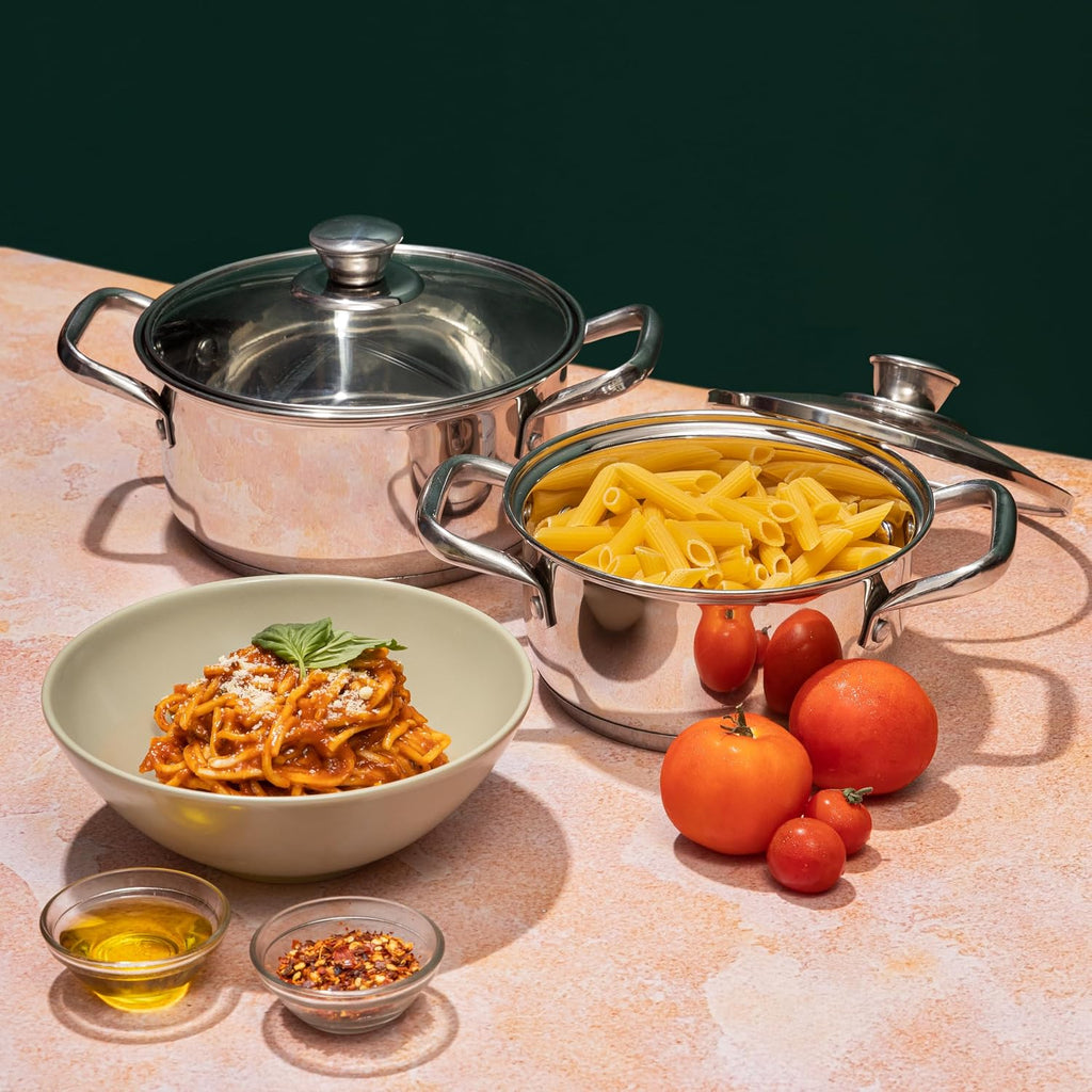 Vinod Roma Saucepot Stainless Steel Set of 2 with Glass Lid | 1.1 and 1.5 Litre | Biryani Pot | Sandwich Bottom | Rivetted Handle| Induction & Gas Base | 2 Year Warranty