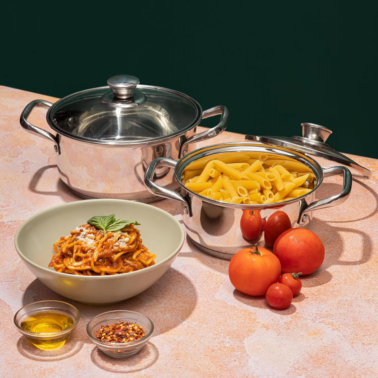 Vinod Roma Saucepot Stainless Steel Set of 2 with Glass Lid | 1.1 and 1.5 Litre | Biryani Pot | Sandwich Bottom | Rivetted Handle| Induction & Gas Base | 2 Year Warranty