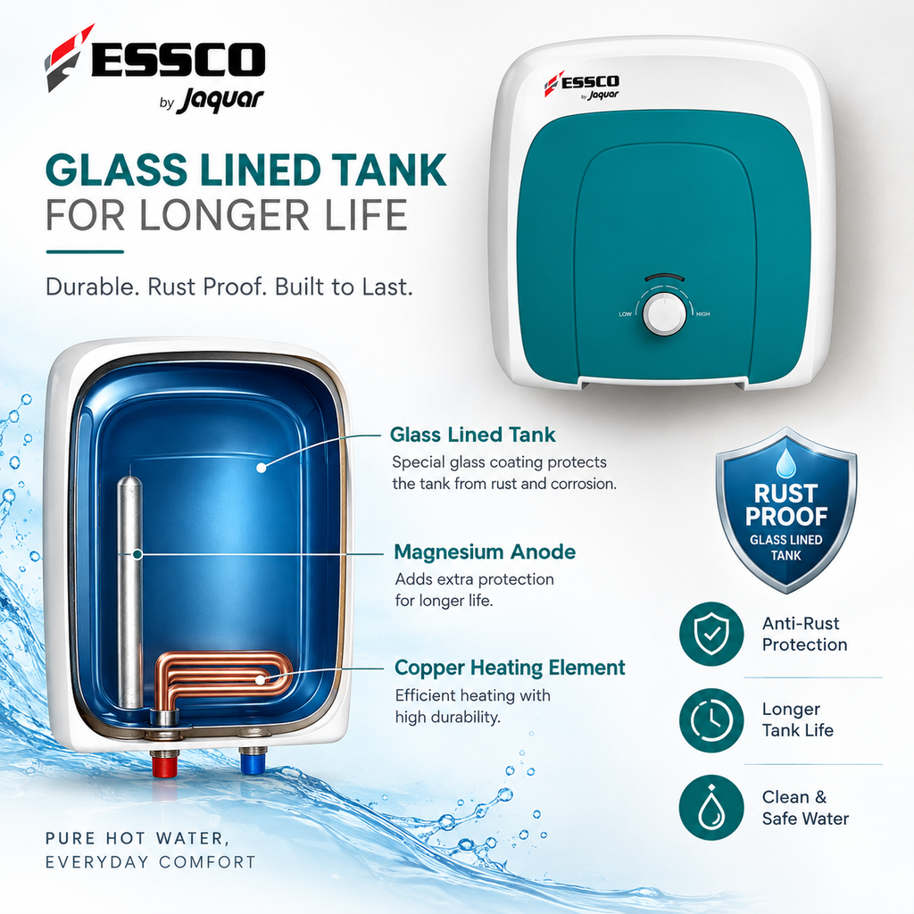 Essco Bria 25 Litre Vertical Storage Water Heater | 2 KW | 8 Bar Pressure | 5 Star Rating | Glass Lined Tank | Incoloy Heating Element | 7 Year Tank Warranty
