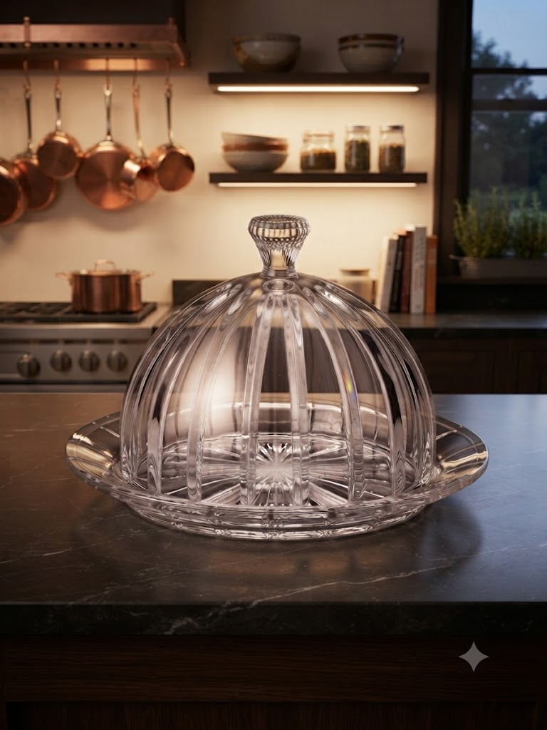 Royal Cut-Crystal Cloche & Serving Dome with Tray | Decorative Glass Dessert Stand, Butter Dish, & Mithai Cover for Dining Table, Kitchen, & Festive Gifting (Clear)