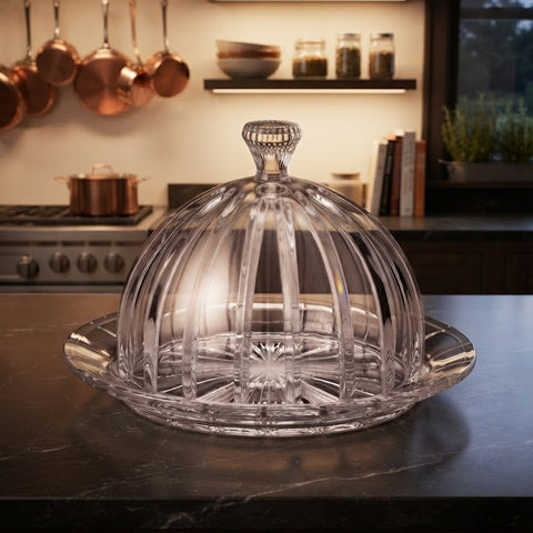 Royal Cut-Crystal Cloche & Serving Dome with Tray | Decorative Glass Dessert Stand, Butter Dish, & Mithai Cover for Dining Table, Kitchen, & Festive Gifting (Clear)