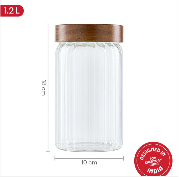 Borosil Glass Jar with Acacia Wood Lid | Borosilicate Glass Storage Jar for Dry Fruits, Spices & Snacks | Airtight Glass Container for Kitchen & Pantry-1200ml