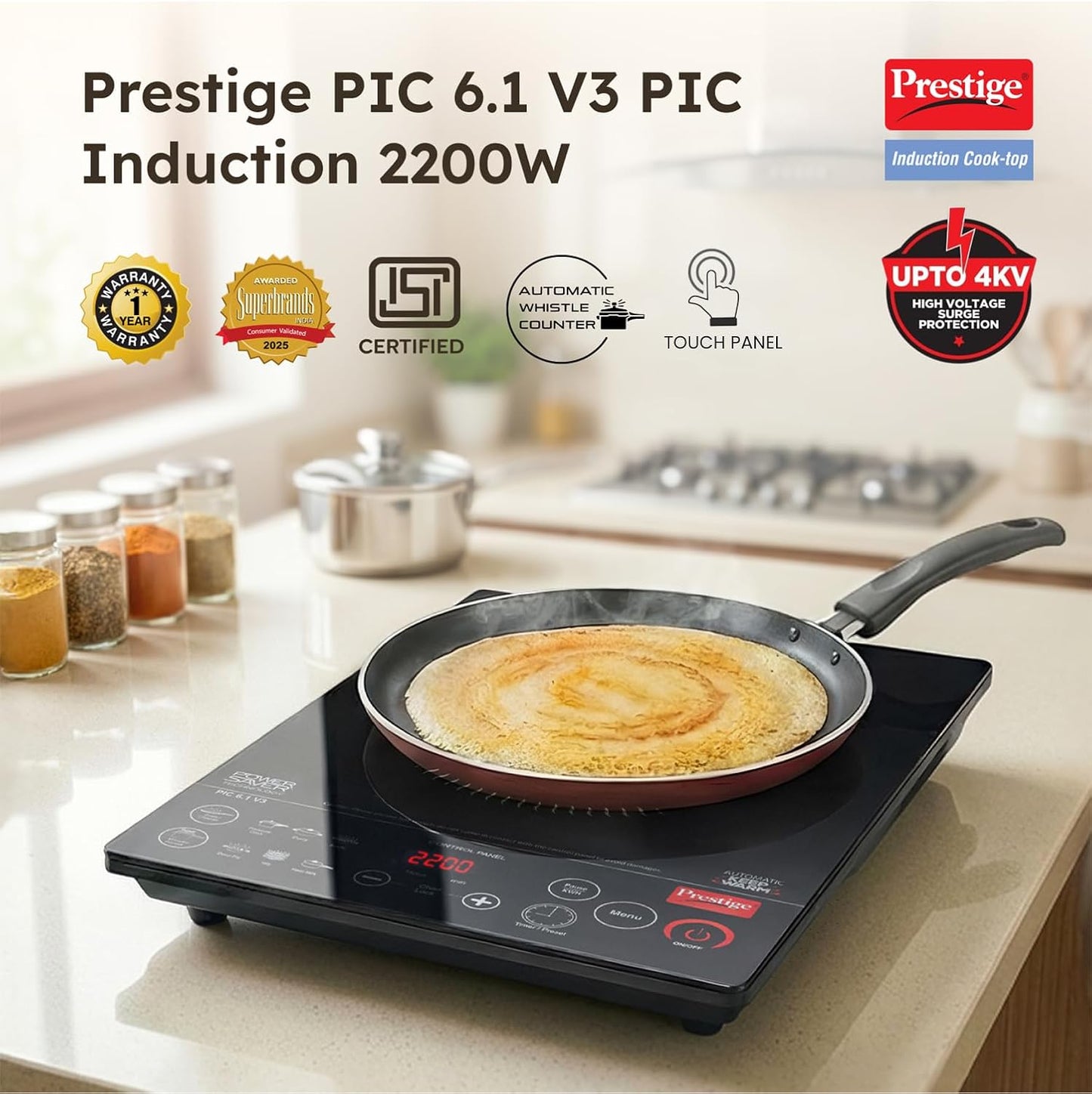 Prestige PIC 6.1 V3 2200 Watts Induction Cooktop | Patented Automatic Whistle Counter | 4KV Surge Protection | 7 Preset Indian Menu Options With Timer | Touch Button | Black | 1Y Warranty | BIS