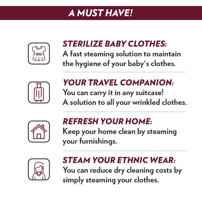 Borosil 1600W Handheld Garment Steamer | Ceramic Coated Soleplate | Dual Steam Modes (Horizontal & Vertical Ironing) | 120ml Detachable Water Tank | Overheat Protection | 2 Year Warranty (GS02)