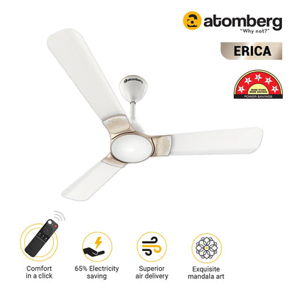 Atomberg Erica 1200mm BLDC Ceiling Fan with Remote Control | BEE 5 star Rated Energy Efficient Ceiling Fan | High Air Delivery with LED Indicator | 2+1 Year Warranty (Snow White)
