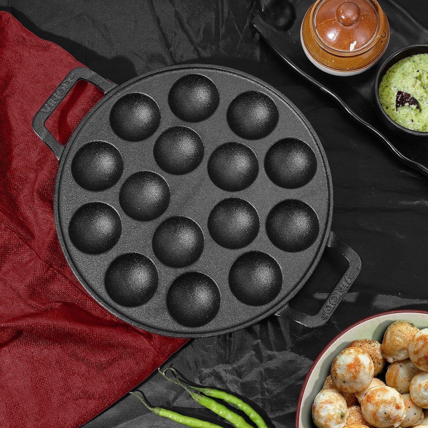 Vinod Legacy Cast Iron Paniyarakkal Pan-15 Cups,25cm | Pre-Seasoned, Heavy-Duty Appam Patra | Naturally Non-Stick, Durable & Even Heating | Ideal for Paniyaram, Paddu, Kuzhi Paniyaram | Gas Stove Safe