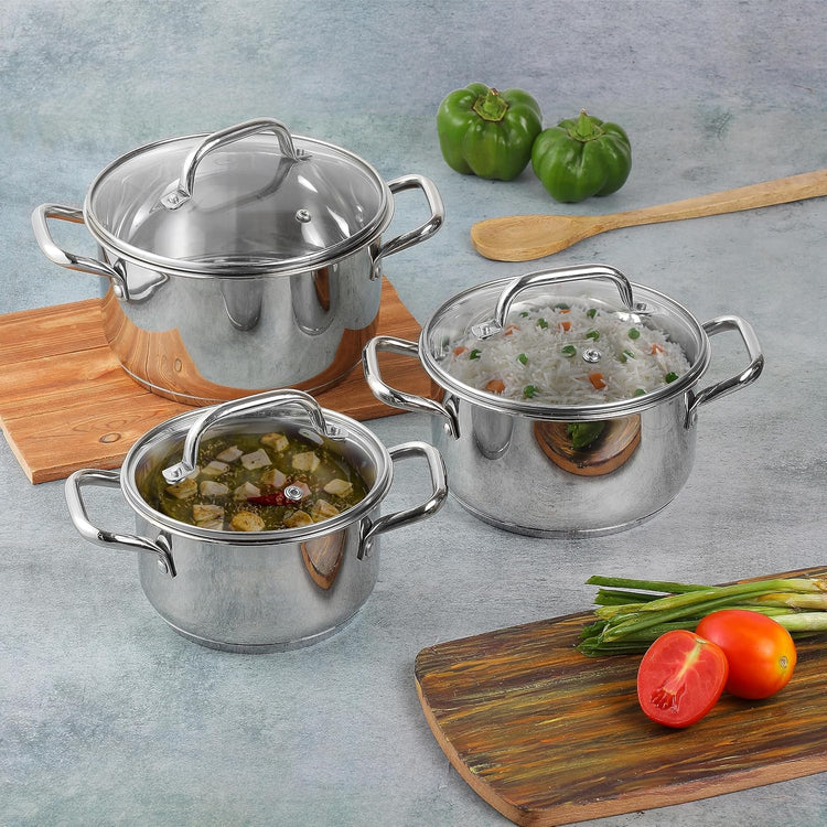Vinod Mainz Stainless Steel Cookware Set of 3 | 1.2, 2 and 2.7 Litre Saucepot with Glass Lid | SAS Bottom | Biryani Pot | Induction and Gas Base | 2 Year Warranty - Silver