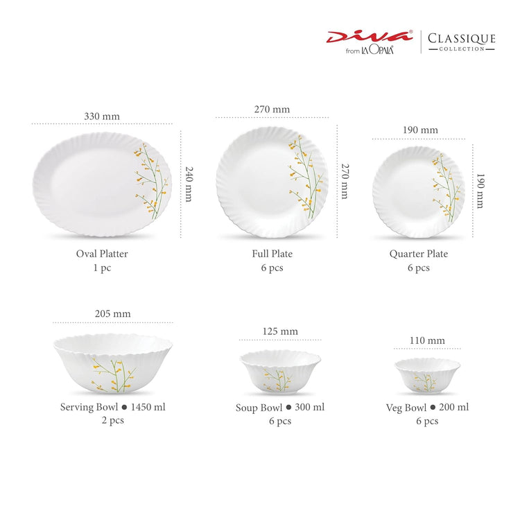 La Opala Diva, Classique Collection, Opal Glass Dinner Set 27 pcs, Citron Weave, White