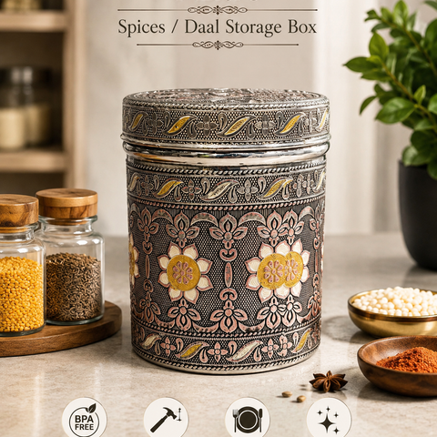Salem 1 Litre 304 Grade Stainless Steel Storage Jar with Airtight Lid | Handmade Etching Work | Premium Spice, Daal & Dry Fruit Container | Food Grade Kitchen Storage Canister