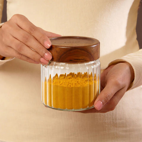Borosil Glass Jar with Acacia Wood Lid | Borosilicate Glass Storage Jar for Dry Fruits, Spices & Snacks | Airtight Glass Container for Kitchen & Pantry-300ml