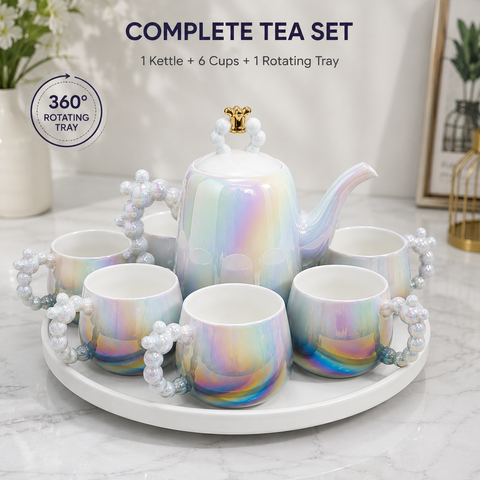 Imported Luxury Ceramic Tea Kettle Set with 6 Cups & 360° Rotating Serving Tray | Premium Iridescent Porcelain Tea Set for Home, Office & Gifting-Dark Grey & White