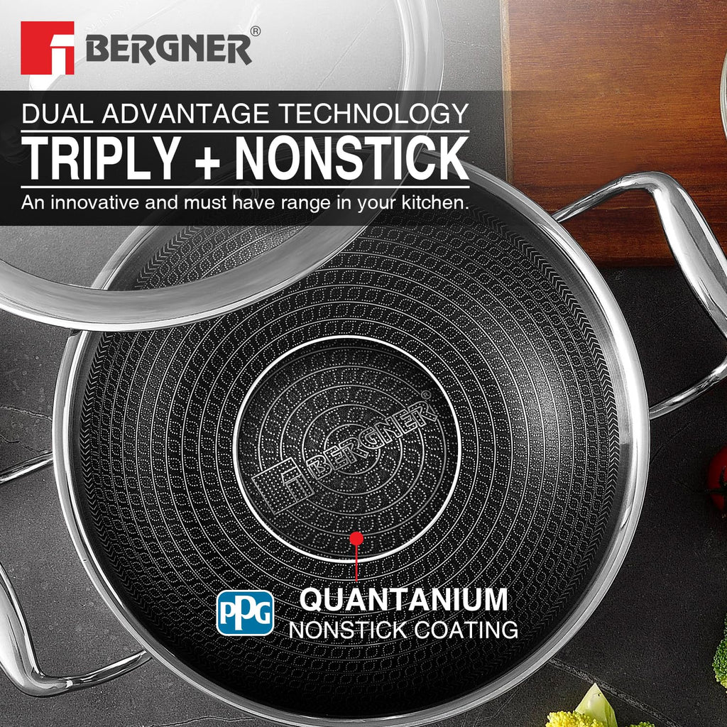 BERGNER Hi-Tech Giro Triply Kadai with Glass Lid 32cm (5.8L), Honeycomb Mesh Non-Stick Coating, PFOA Free, Consumes Less Oil, Healthy Cooking, Even Heat Distribution - Induction and Gas Stove Ready