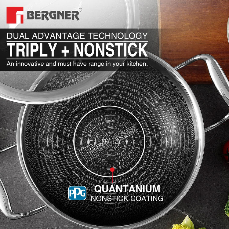 BERGNER Hi-Tech Giro Triply Kadai with Glass Lid 32cm (5.8L), Honeycomb Mesh Non-Stick Coating, PFOA Free, Consumes Less Oil, Healthy Cooking, Even Heat Distribution - Induction and Gas Stove Ready