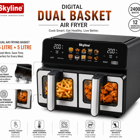Skyline Digital Dual Basket Air Fryer 10L (5L + 5L) | 2400W | Digital Touch Control | Independent Cooking | See-Through Glass Windows | 80–200°C | 1–60 Min Timer | 1 Year Warranty