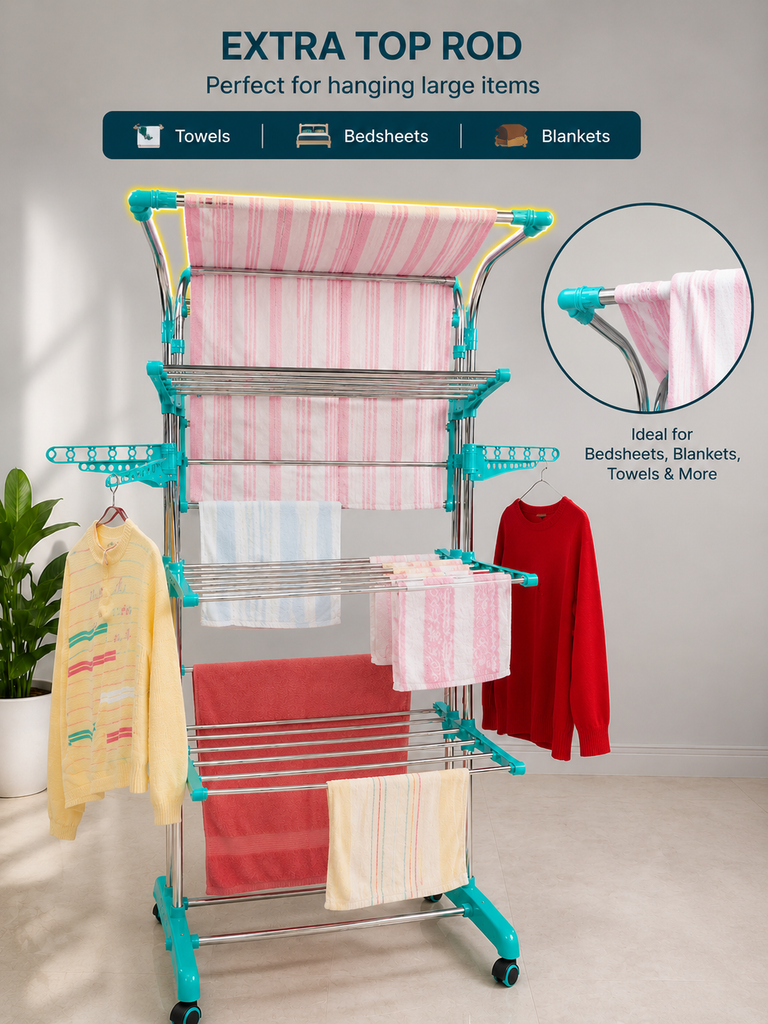 3 Tier Stainless Steel Foldable Clothes Drying Stand with Wheels | Heavy Duty Movable Laundry Drying Rack | 38 Rods, 6 Foldable Wings, 7 Hanger Slots | Indoor & Outdoor Cloth Stand