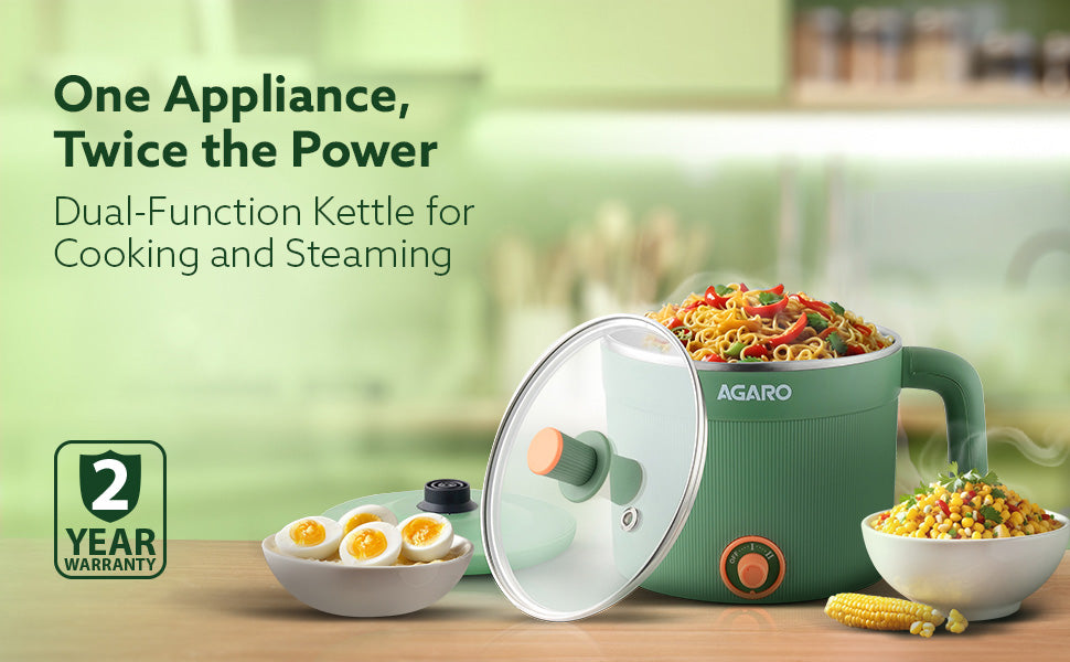 AGARO Regency Multipurpose Kettle With Steamer, 1.2L Inner Pot, Double Layered Body, Variable Temperature Settings, Wide Mouth, Boiling, Steaming, Tea, Coffee, Egg, Vegetable Boiling, 600W, Sea Green