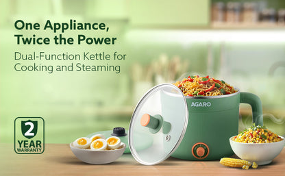 AGARO Regency Multipurpose Kettle With Steamer, 1.2L Inner Pot, Double Layered Body, Variable Temperature Settings, Wide Mouth, Boiling, Steaming, Tea, Coffee, Egg, Vegetable Boiling, 600W, Sea Green