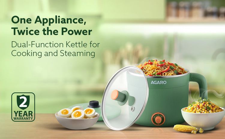 AGARO Regency Multipurpose Kettle With Steamer, 1.2L Inner Pot, Double Layered Body, Variable Temperature Settings, Wide Mouth, Boiling, Steaming, Tea, Coffee, Egg, Vegetable Boiling, 600W, Sea Green