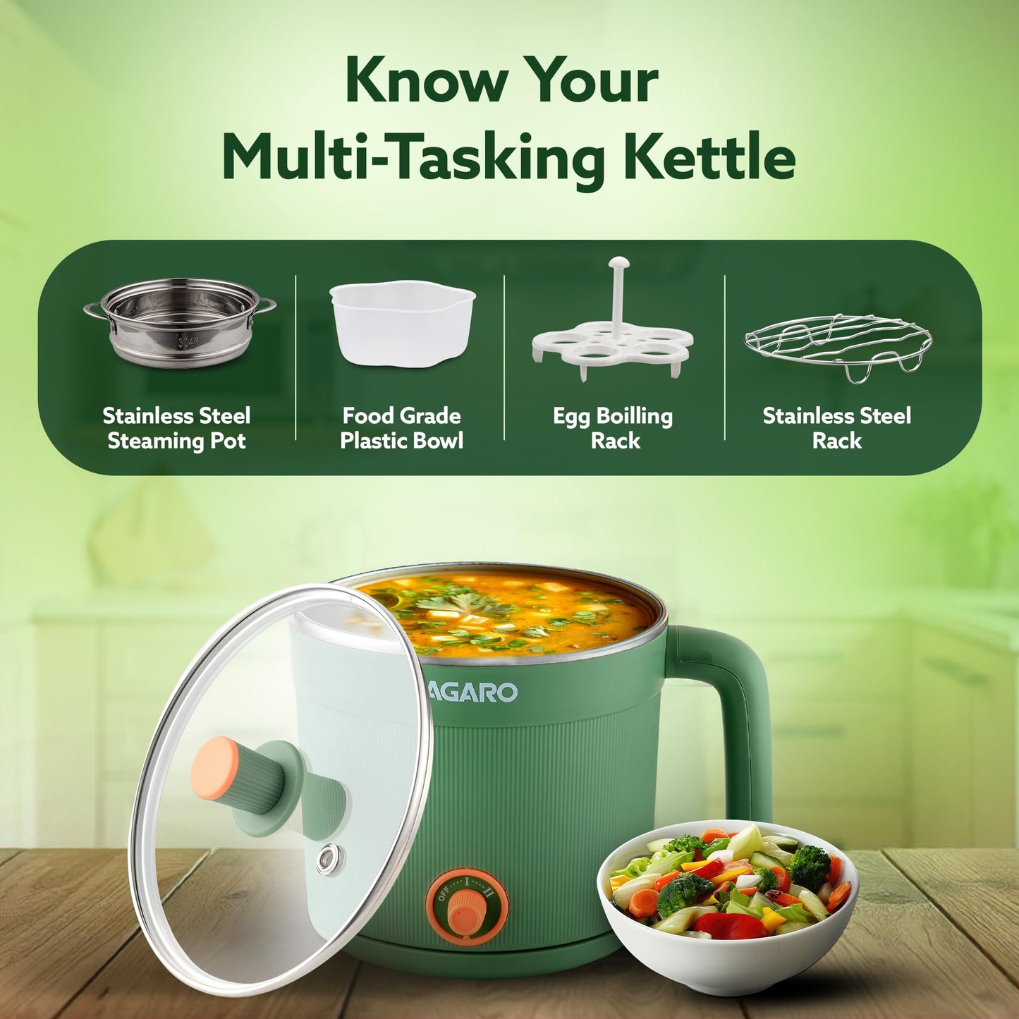 AGARO Regency Multipurpose Kettle With Steamer, 1.2L Inner Pot, Double Layered Body, Variable Temperature Settings, Wide Mouth, Boiling, Steaming, Tea, Coffee, Egg, Vegetable Boiling, 600W, Sea Green