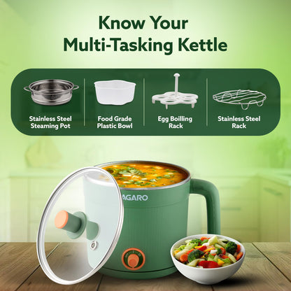 AGARO Regency Multipurpose Kettle With Steamer, 1.2L Inner Pot, Double Layered Body, Variable Temperature Settings, Wide Mouth, Boiling, Steaming, Tea, Coffee, Egg, Vegetable Boiling, 600W, Sea Green