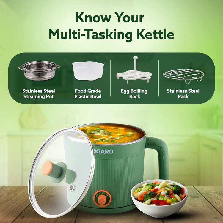 AGARO Regency Multipurpose Kettle With Steamer, 1.2L Inner Pot, Double Layered Body, Variable Temperature Settings, Wide Mouth, Boiling, Steaming, Tea, Coffee, Egg, Vegetable Boiling, 600W, Sea Green