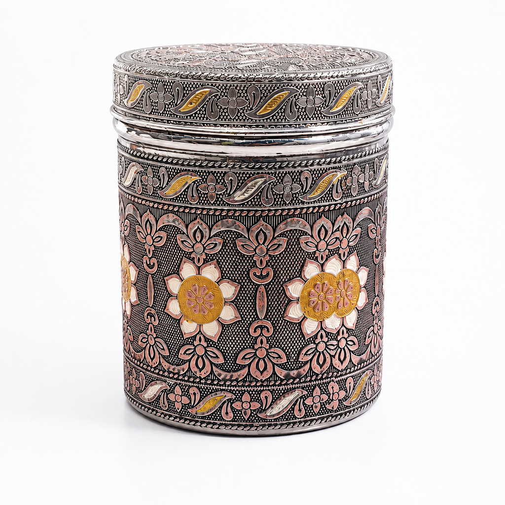 Salem 2 Litre 304 Grade Stainless Steel Storage Jar with Airtight Lid | Handmade Etching Work | Premium Spice, Daal & Dry Fruit Container | Food Grade Kitchen Storage Canister