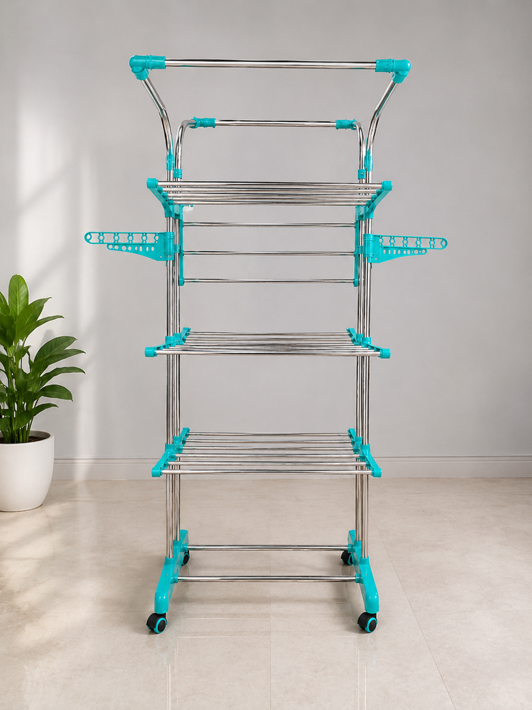 3 Tier Stainless Steel Foldable Clothes Drying Stand with Wheels | Heavy Duty Movable Laundry Drying Rack | 38 Rods, 6 Foldable Wings, 7 Hanger Slots | Indoor & Outdoor Cloth Stand