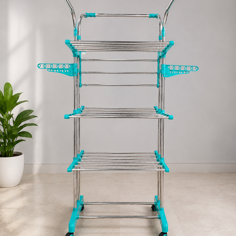 3 Tier Stainless Steel Foldable Clothes Drying Stand with Wheels | Heavy Duty Movable Laundry Drying Rack | 38 Rods, 6 Foldable Wings, 7 Hanger Slots | Indoor & Outdoor Cloth Stand