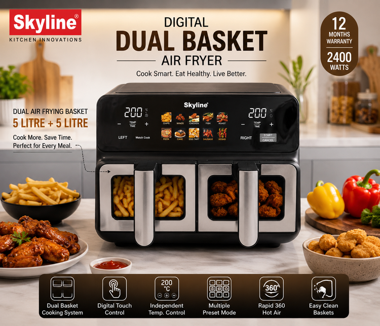 Skyline Digital Dual Basket Air Fryer 10L (5L + 5L) | 2400W | Digital Touch Control | Independent Cooking | See-Through Glass Windows | 80–200°C | 1–60 Min Timer | 1 Year Warranty