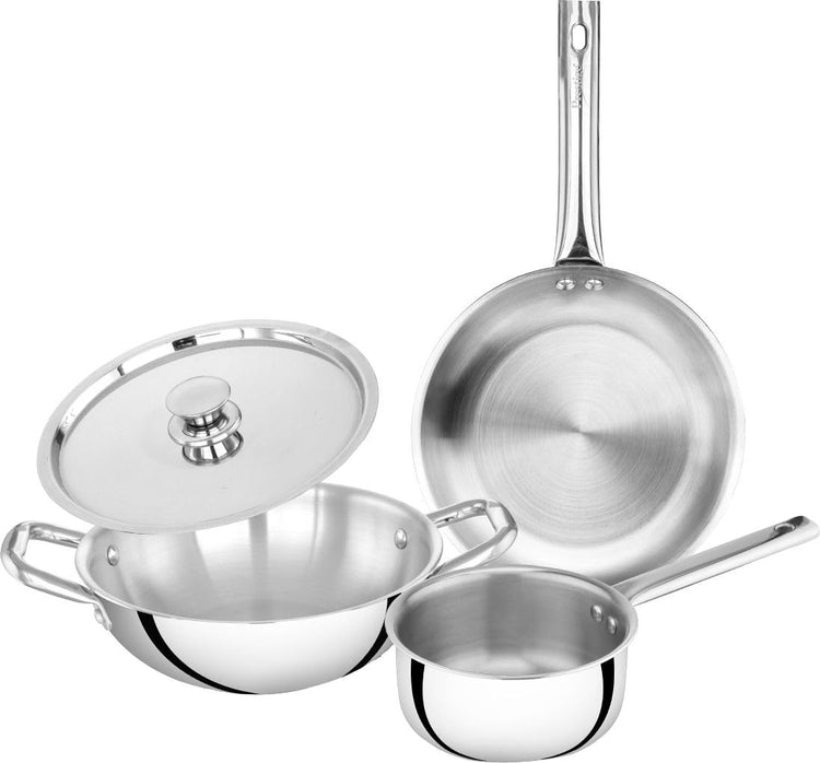 Prestige TRIPLY 4 Pc Cookware Set | TRIPLY Splendid | Fry Pan 22cm/1.9L | Kadai 22cm/2.5L | Sauce Pan 14cm/1.3L | SS Lid 24cm | Gas & Induction Compatible | Even Heat Distribution | 15Y Warranty | ISI
