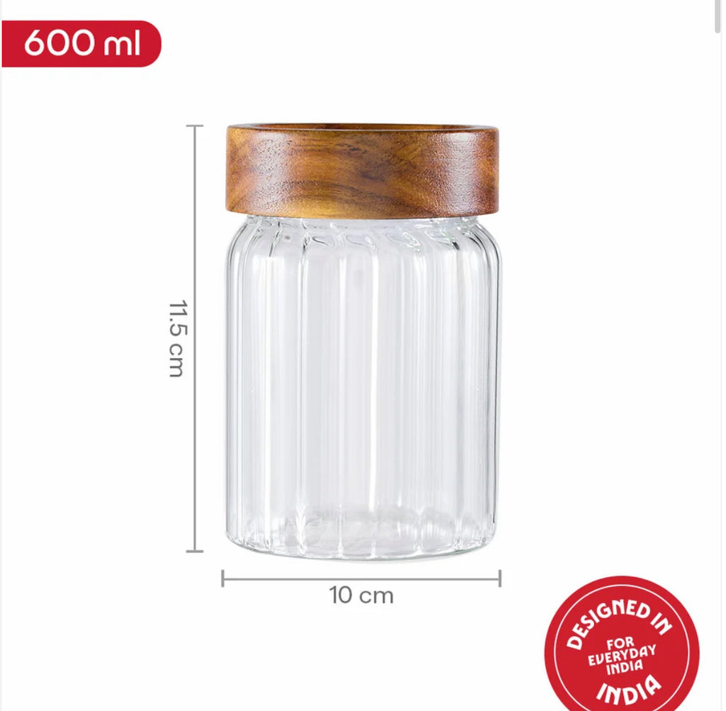 Borosil Glass Jar with Acacia Wood Lid | Borosilicate Glass Storage Jar for Dry Fruits, Spices & Snacks | Airtight Glass Container for Kitchen & Pantry-600ml