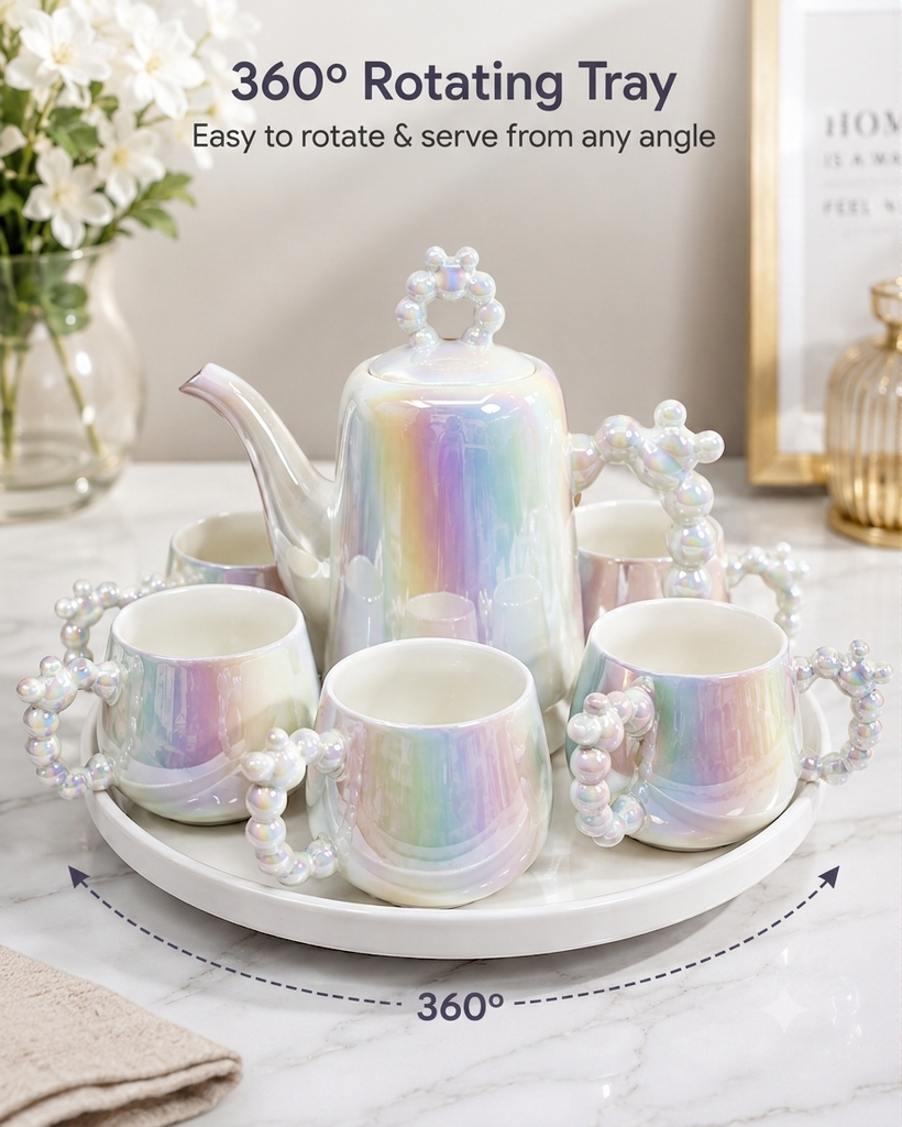 Imported Luxury Ceramic Tea Kettle Set with 6 Cups & 360° Rotating Serving Tray | Premium Iridescent Porcelain Tea Set for Home, Office & Gifting-Black Tint & White