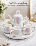 Imported Luxury Ceramic Tea Kettle Set with 6 Cups & 360° Rotating Serving Tray | Premium Iridescent Porcelain Tea Set for Home, Office & Gifting-Black Tint & White