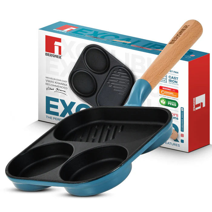 BERGNER Excalibur Lightweight Cast Iron 18cm Breakfast Pan, Sturdy Wooden Handle, Non-Stick Coating, PFAS Free, Perfect Heat Distribution, Elegant Design - Induction Compatible (Blue)