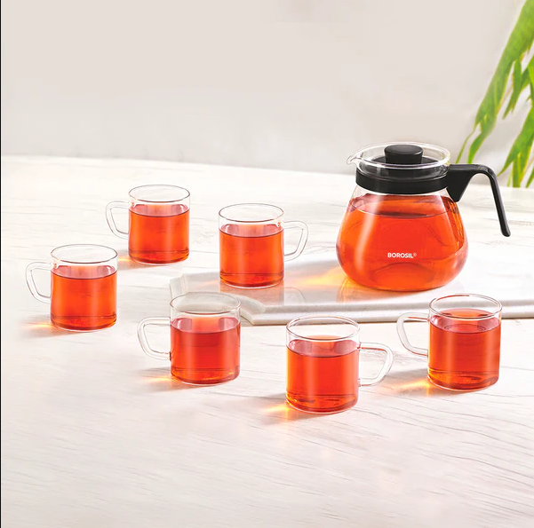 Borosil Prime Tea Set 5 N Glass Kettle 1l+4 Vision Mug 190ml Bgfgbcom0012 - Capacity: 1 Ltr + 190 Ml Milliliter (Ml)