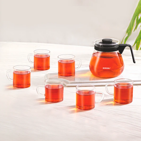 Borosil Prime Tea Set 5 N Glass Kettle 1l+4 Vision Mug 190ml Bgfgbcom0012 - Capacity: 1 Ltr + 190 Ml Milliliter (Ml)