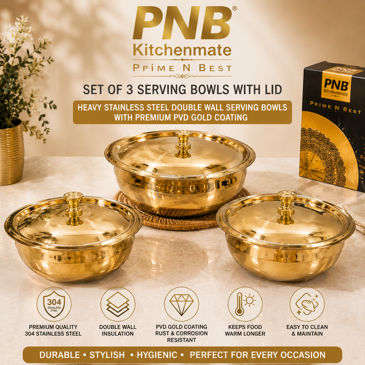 PNB Kitchenmate ZODIAC 72 Pcs Stainless Steel Dinner Set | Heavy Quality Double Wall PVD Gold Coated Dinner Set | Premium Full & Half Plates, Bowls, Glasses, Spoons & Forks | Lifetime Guarantee