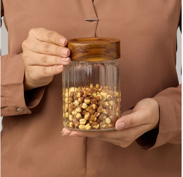 Borosil Glass Jar with Acacia Wood Lid | Borosilicate Glass Storage Jar for Dry Fruits, Spices & Snacks | Airtight Glass Container for Kitchen & Pantry-600ml