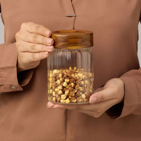 Borosil Glass Jar with Acacia Wood Lid | Borosilicate Glass Storage Jar for Dry Fruits, Spices & Snacks | Airtight Glass Container for Kitchen & Pantry-600ml